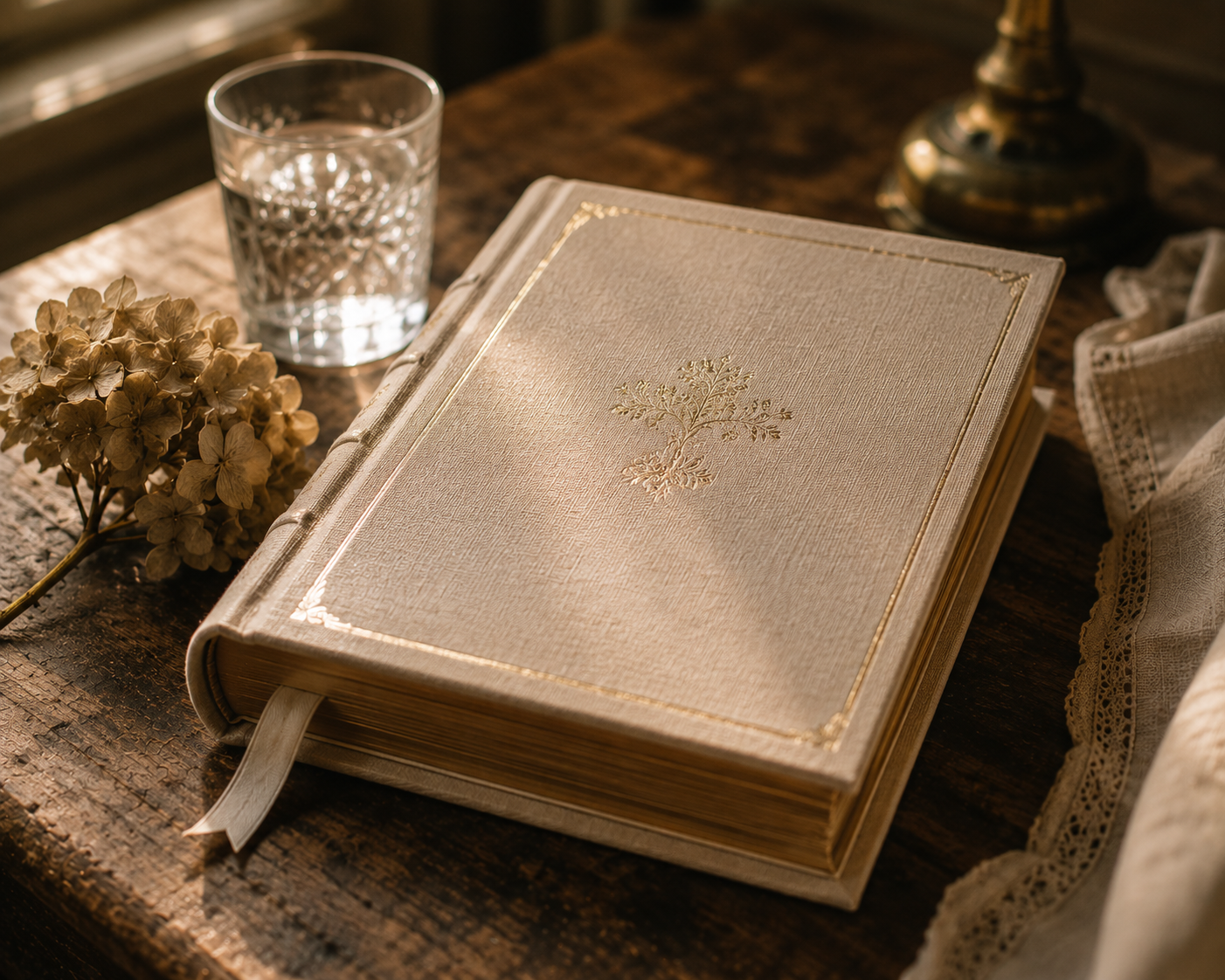 Livret relié à la couverture de lin doré posé sur une table ancienne