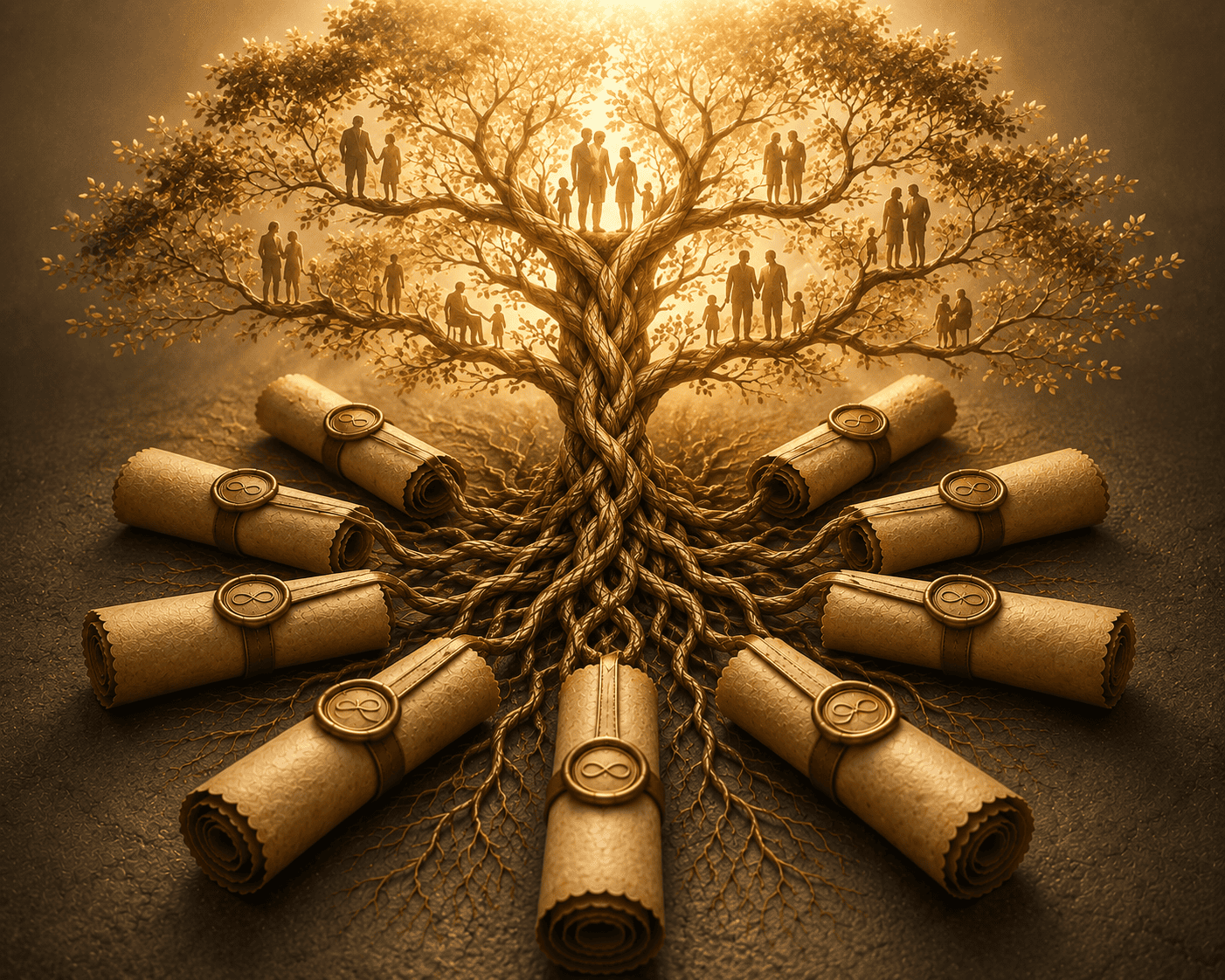 Illustration d’un arbre généalogique entouré de parchemins