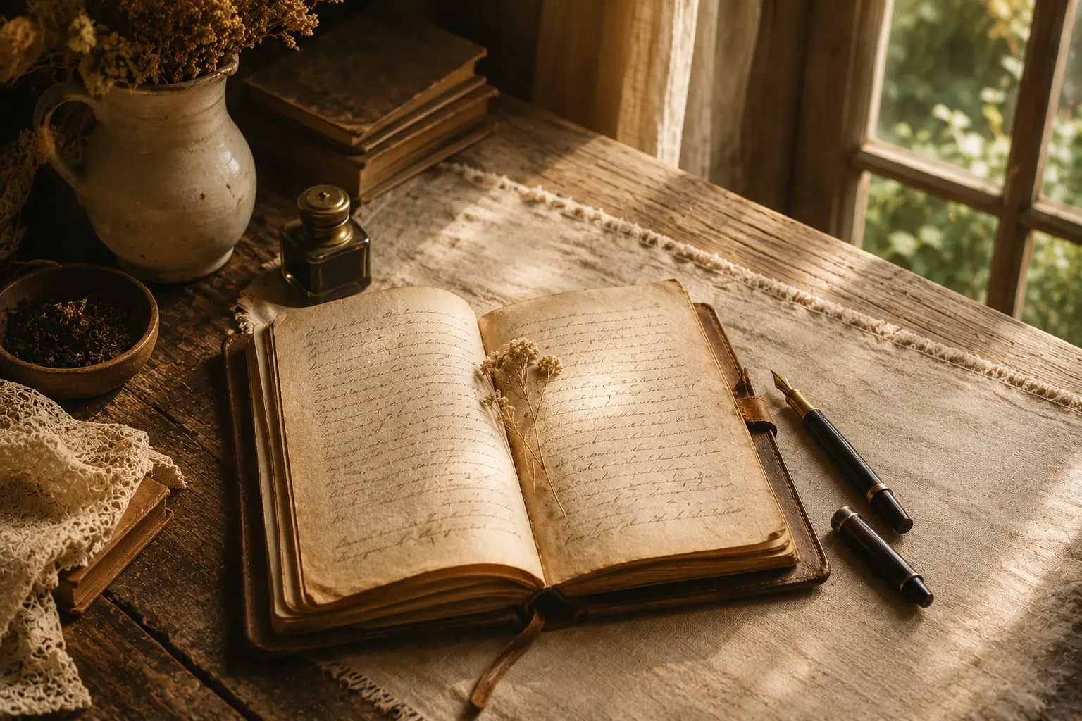 Table de bois avec un journal manuscrit ouvert et une plume