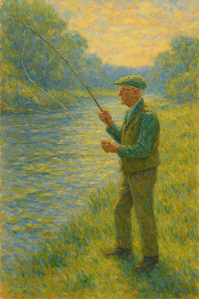 Peinture d’un vieil homme pêchant à la mouche au bord d’une rivière au petit matin