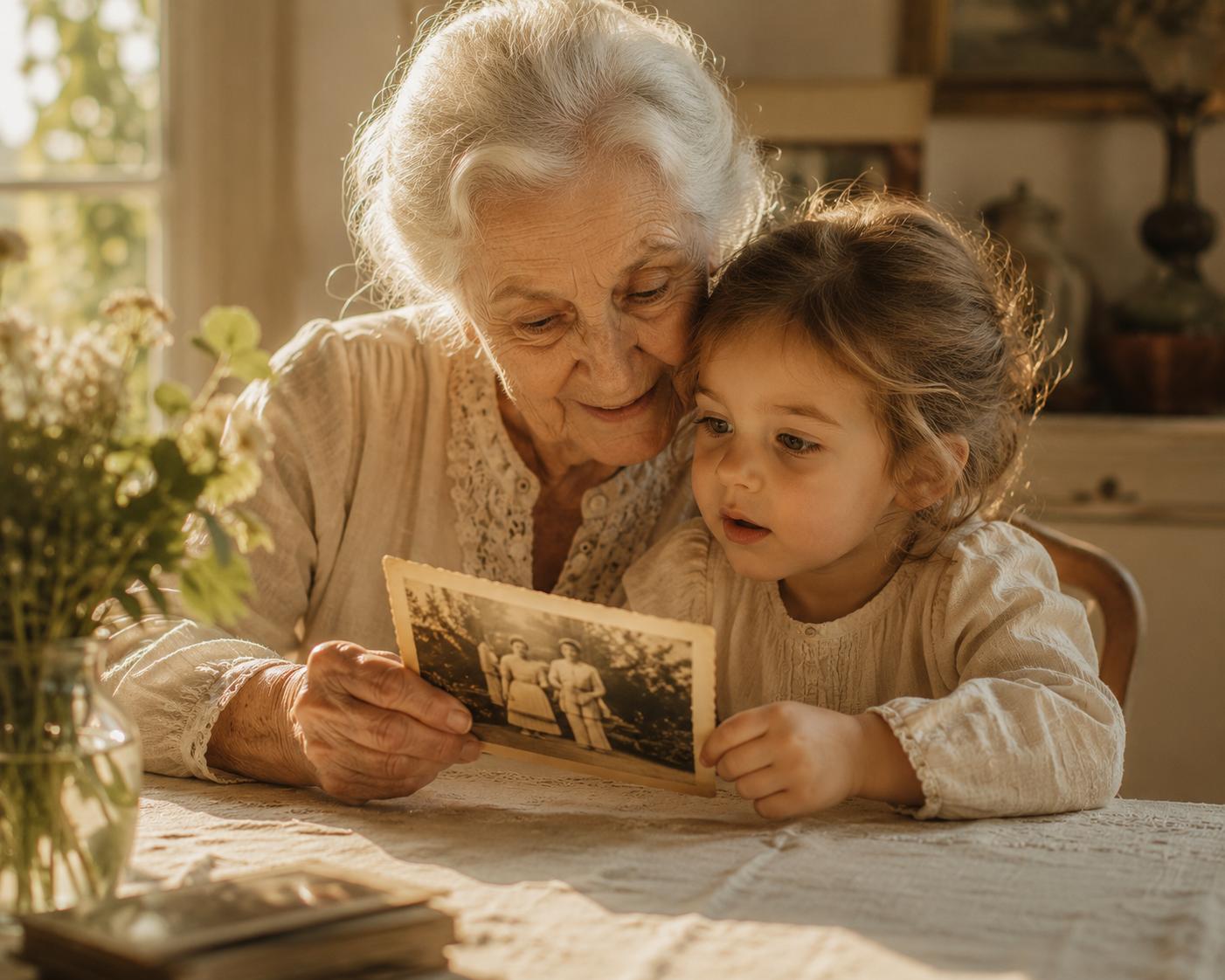 Une grand-mère et un enfant regardant ensemble une photographie ancienne